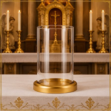 Tubo Vazado Castiçal Porta Velas Vidro 20X11 e Suporte Alumínio Dourado