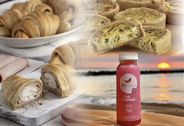 COMBO - CROISSANT INTEGRAL PEITO PERU COM CATUPIRY + QUICHE INTEGRAL ALHO PORÓ + SUCO PINK LEMONADE