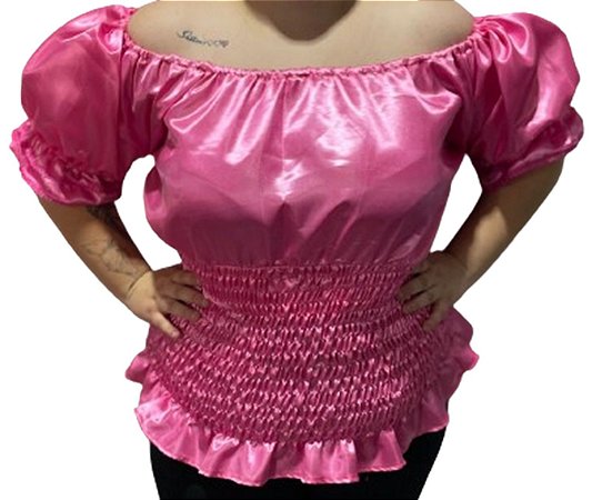 Blusa Estilo Ciganinha com Manga Curta  Moda Cigana Rosa