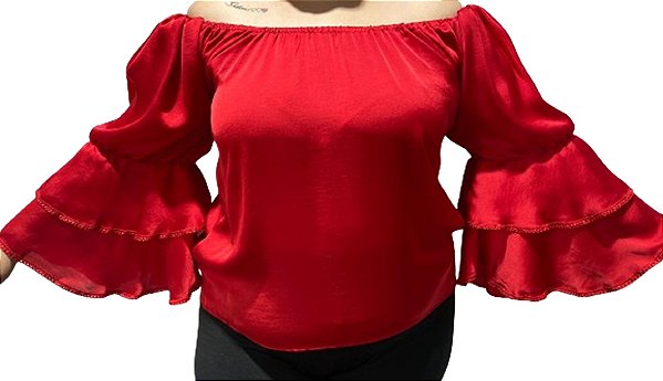 Blusa Estilo Ciganinha com Manga Longa Moda Cigana Vermelho