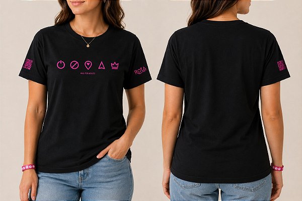 Camiseta Rota 1930 Adulto — Preta com estampa rosa