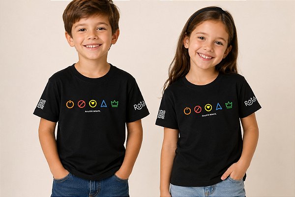 Camiseta Rota 1930 Infantil — Preta com símbolos coloridos