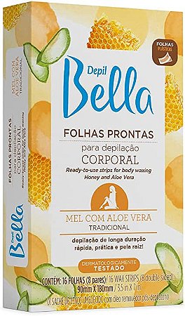 FOLHA PRONTA PARA DEPILAÇÃO CORPORAL DEPIL BELLA- MEL COM ALOE VERA 16 FOLHAS