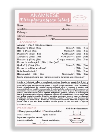 FICHA ANAMNESE- MICROPIGMENTAÇÃO LABIAL 50 FOLHAS