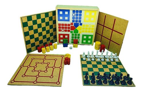 Conjunto jogos 5 em 1 dama jogo da velha ludo trilha xadrez em