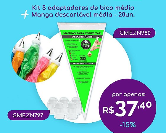 Kit 5 Adaptadores de Bico + 20 Manga Descartável Méd