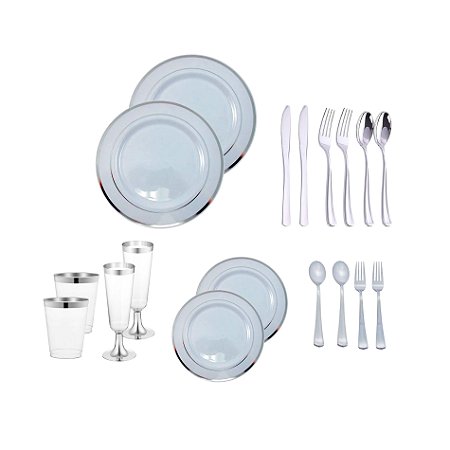 Kit Copo Taça Prato Talher Descartável Luxo 30 convidados
