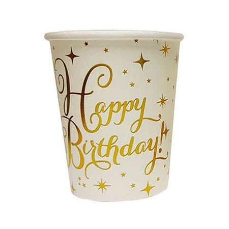 Kit 50 Copos 270ml Papel Happy Birthday Dourado Branco