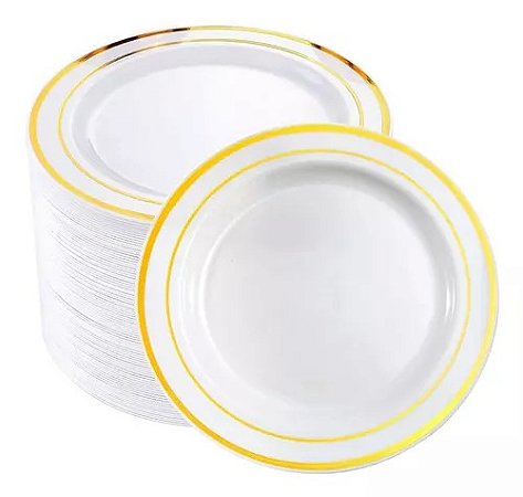 KIT 120 PRATOS SOBREMESA 19cm Descartável Luxo Borda - Gold