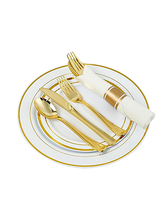 KIT 30 CONVIDADOS - Pratos e Talheres Descartável Luxo - Gold