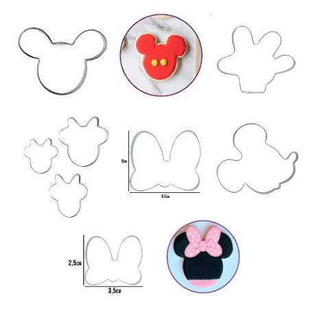 Kit 16 Cortadores de Inox Ratinho Mouse e Ratinha Laço Confeitaria Decoração