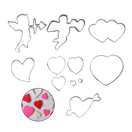 Kit 11 Cortadores de Inox Coração Amor Cupido Decoração Confeitaria