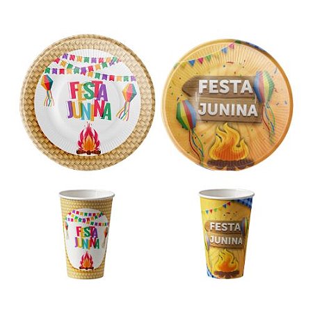 Kit Festa Junina Temático para 10 Convidados Prato e Copo Descartável de Papel