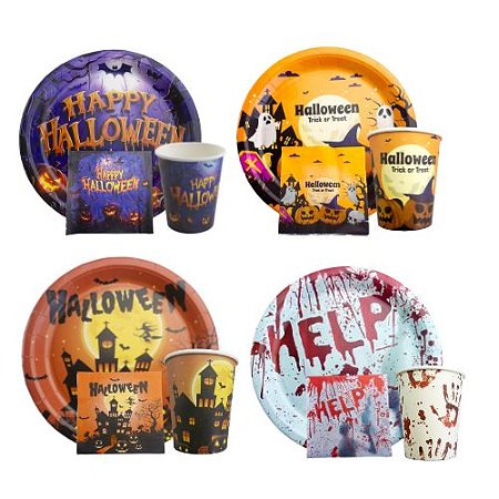 Kit Festa Halloween Completo para 60 Convidados Prato, Copo e Guardanapo Descartável de Papel