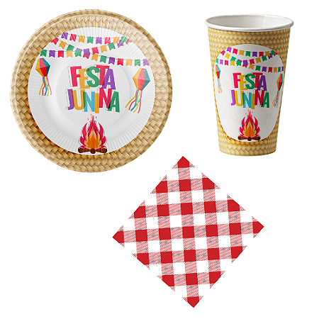 Kit 20 Convidados Pratos Copos Guardanapos Fogueira Festa Junina Papel