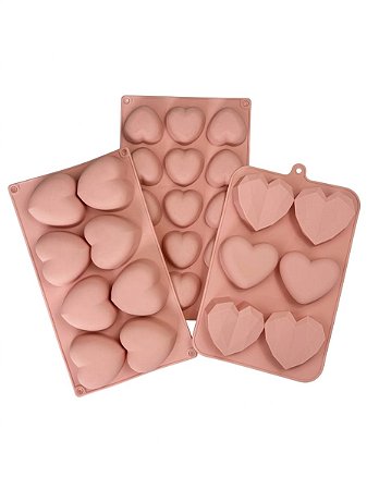 Kit 3 Formas de Silicone Coração Lapidado Liso para Chocolate e Doces Gourmet