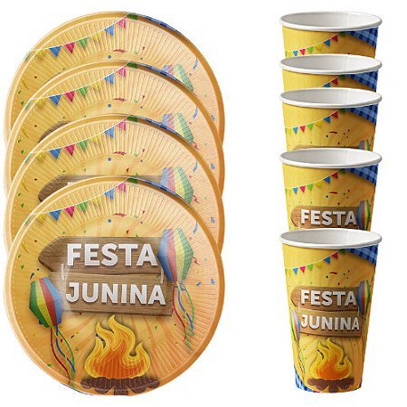 Kit Festa junina 60 convidados Prato Copo Descátavel Papel Fogueira