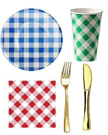 Kit 20 Convidados Pratos Copos Guardanapos Talheres Plástico