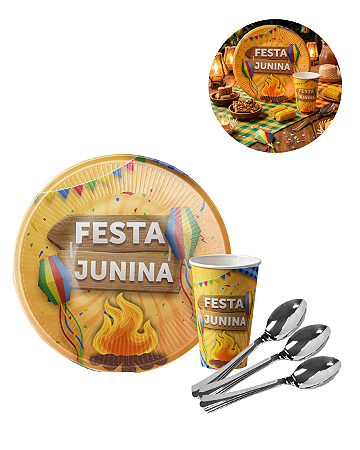 KIT 10 Convidados Pratos Copos Papel Festa Junina Colher 14cm Plástico