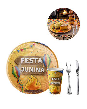 KIT 10 Convidados Pratos Copos Papel Festa Junina Garfo Faca Refeição Plástico