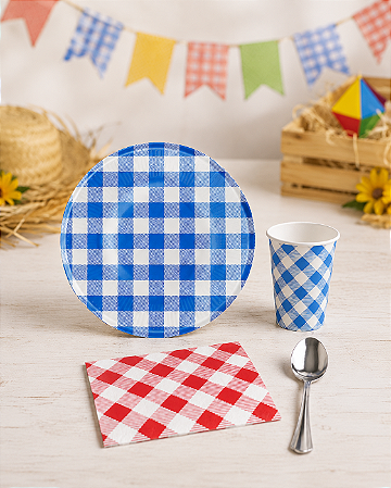 Kit Festa Junina Quadriculado Azul com Guardanapo Vermelho e Colher – 20 Pessoas