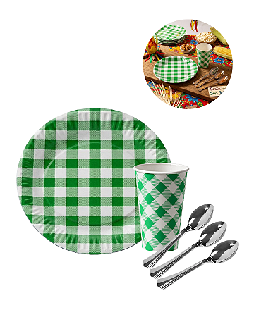 Kit Festa Junina 20 Convidados Pratos Copos Papel Colher 14cm Plástico