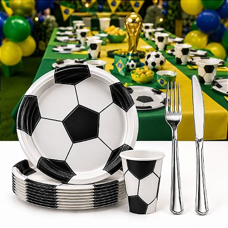 KIT 10 Pratos Copos Bola Futebol Papel Garfo Faca Refeição Plástico Festa Decoração