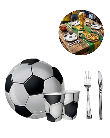 KIT 20 Pratos Copos De Bola De Futebol Papel Garfo Faca Refeição Plástico Festa Decoração