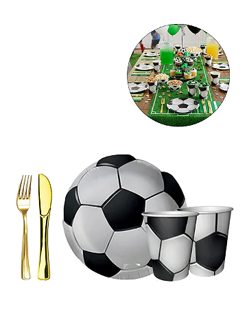KIT 20 Pratos Copos De Bola De Futebol Papel Garfo Faca Refeição Plástico Festa Decoração