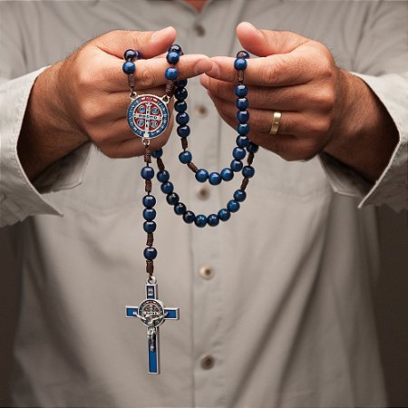Terço Madeira Imbuia Azul Medalha São Bento 10mm Crucifixo