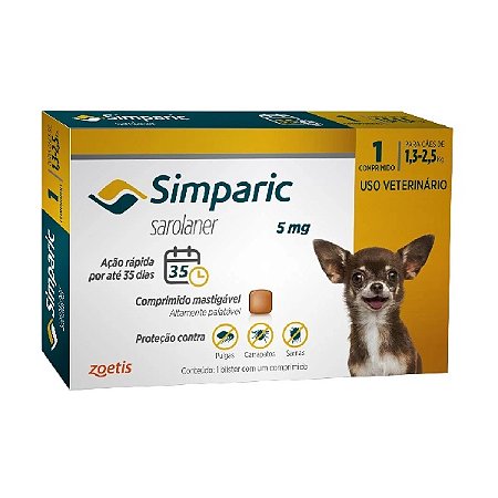 Antipulgas Simparic 5 mg para cães 1,3 a 2,5 kg - Zoetis