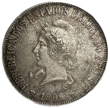 Moeda Antiga do Brasil 2000 Réis 1906 - "O" de "ORDEM" aberto