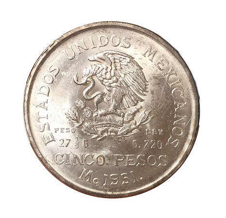 Moeda Antiga do México 5 Pesos 1951