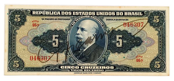 Cédula Antiga do Brasil 5 Cruzeiros 1943 - Autografada