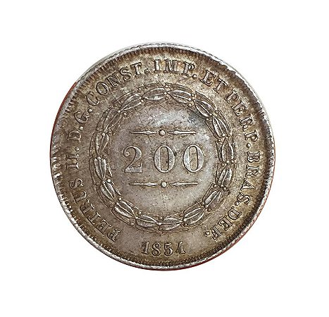 Moeda Antiga do Brasil 200 Réis 1854 - Coroa com Pérolas