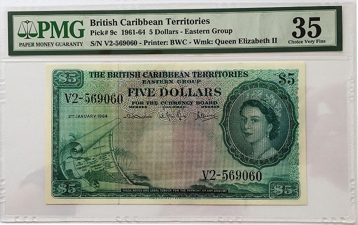 Cédula Antiga de British Caribbean Territories 5 Dollars 1961-64 - Certificada pela PMG - RARA