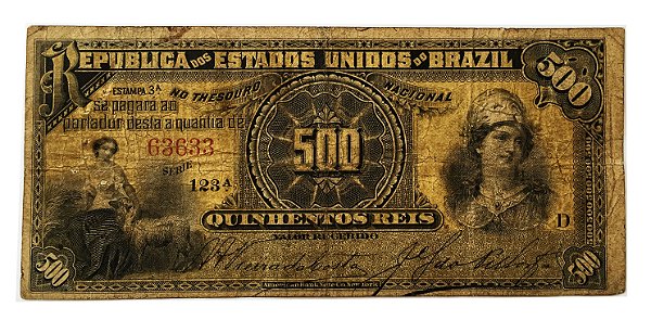 Cédula Antiga do Brasil 500 Réis 1894