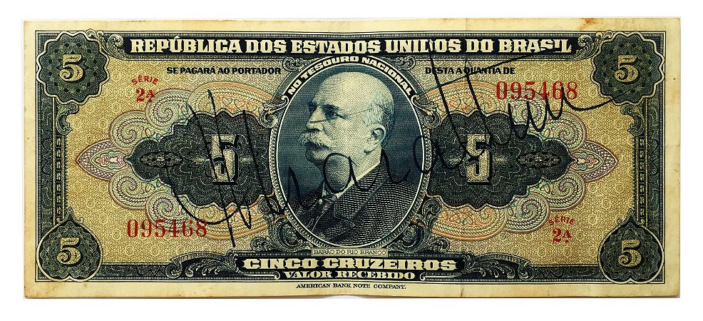 Cédula Antiga do Brasil 5 Cruzeiros 1943 - Autografada