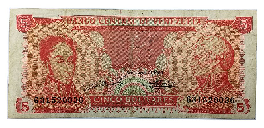 Cédula Antiga da Venezuela 5 Bolívares 1989