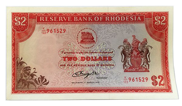 Cédula Antiga da Rodésia $2 1976