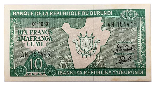 Cédula Antiga de Burundi 10 Francs 1991