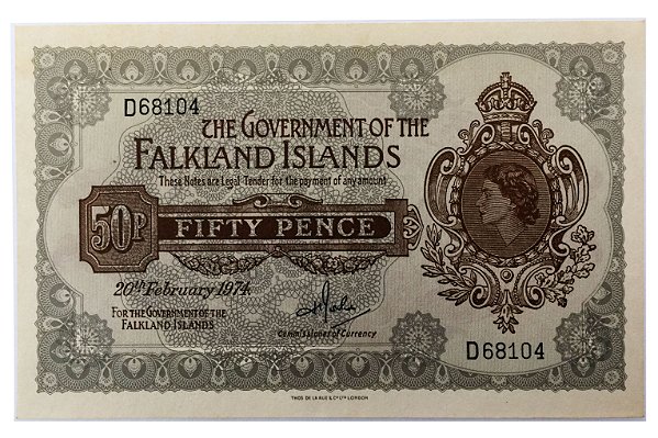 Cédula Antiga das Ilhas Falkland 50 Pence 1974 - Rainha Elizabeth II