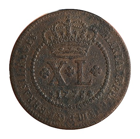 Numismática. Moeda de Cobre do Brasil XL Réis 1778-Coroa Alta