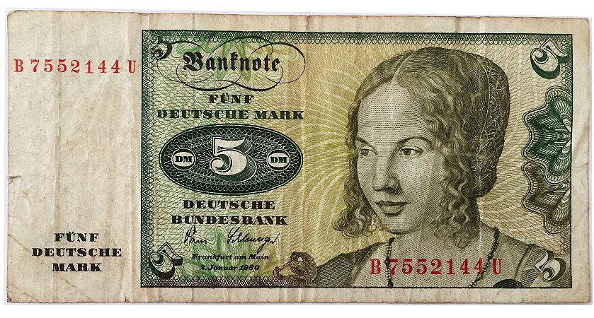 Cédula Antiga da Alemanha 5 Deutsche Mark 1980