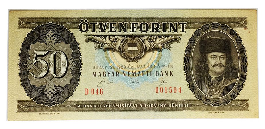 Cédula Antiga da Hungria 50 Forint 1989