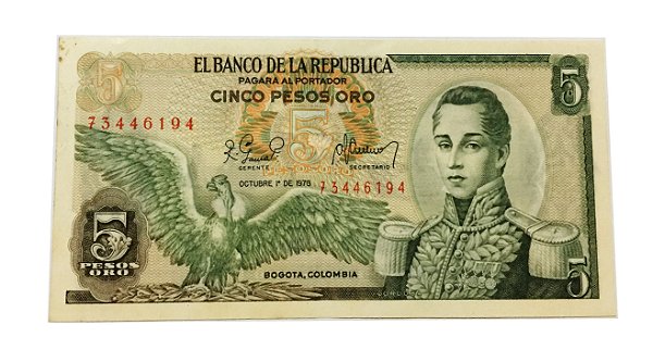 Cédula Antiga da Colômbia 5 Pesos Oro 1978