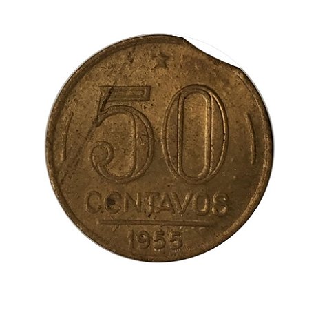 Moeda Antiga do Brasil 50 Centavos de Cruzeiro 1955 Presidente Dutra - Defeito de cunho