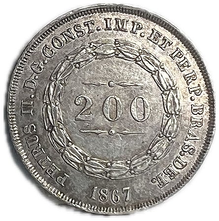 Moeda Antiga do Brasil Império 200 Réis 1867 - Coroa de Espinhos
