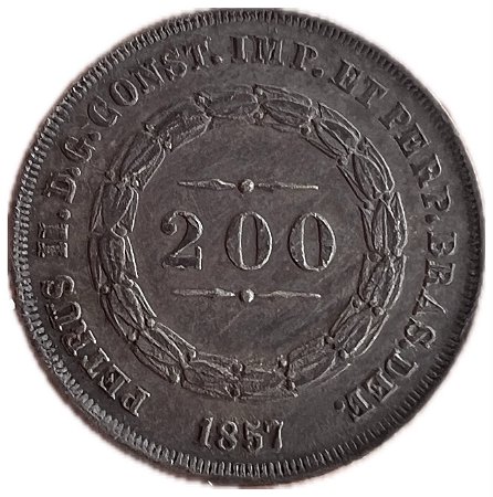Moeda Antiga do Brasil Império 200 Réis 1857 - Coroa com pérolas