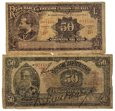 2 Cédulas Antiga do Brasil: 50 Mil Réis 1923 e 50 Mil Réis 1936
